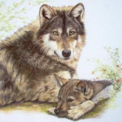 LIEGENDER WOLF mit WELPE - Karin Schnabl - Array auf - Array - LIEGENDER WOLF mit WELPE - Karin Schnabl - Array auf - Array -