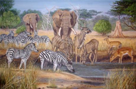 Elefant,Kudu,Impala,Zebras am Wasserloch (2007) - Karin Broszeit-Borchert - Array auf Array - Array - 