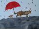 Regen der Federn - Malgorzata Rosinska - Acryl auf Holz-Leinwand - Katzen-Hoffnung-Regen - Surrealismus